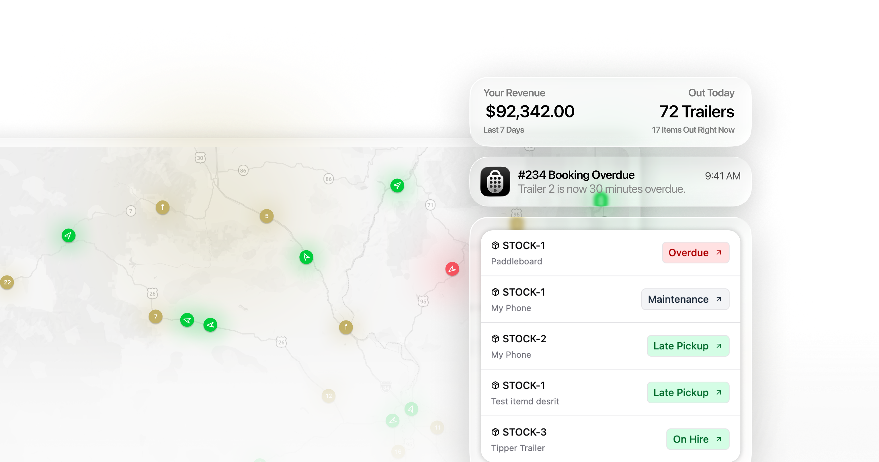 Lockii location dashboard showing active rentals, overdue bookings, and revenue