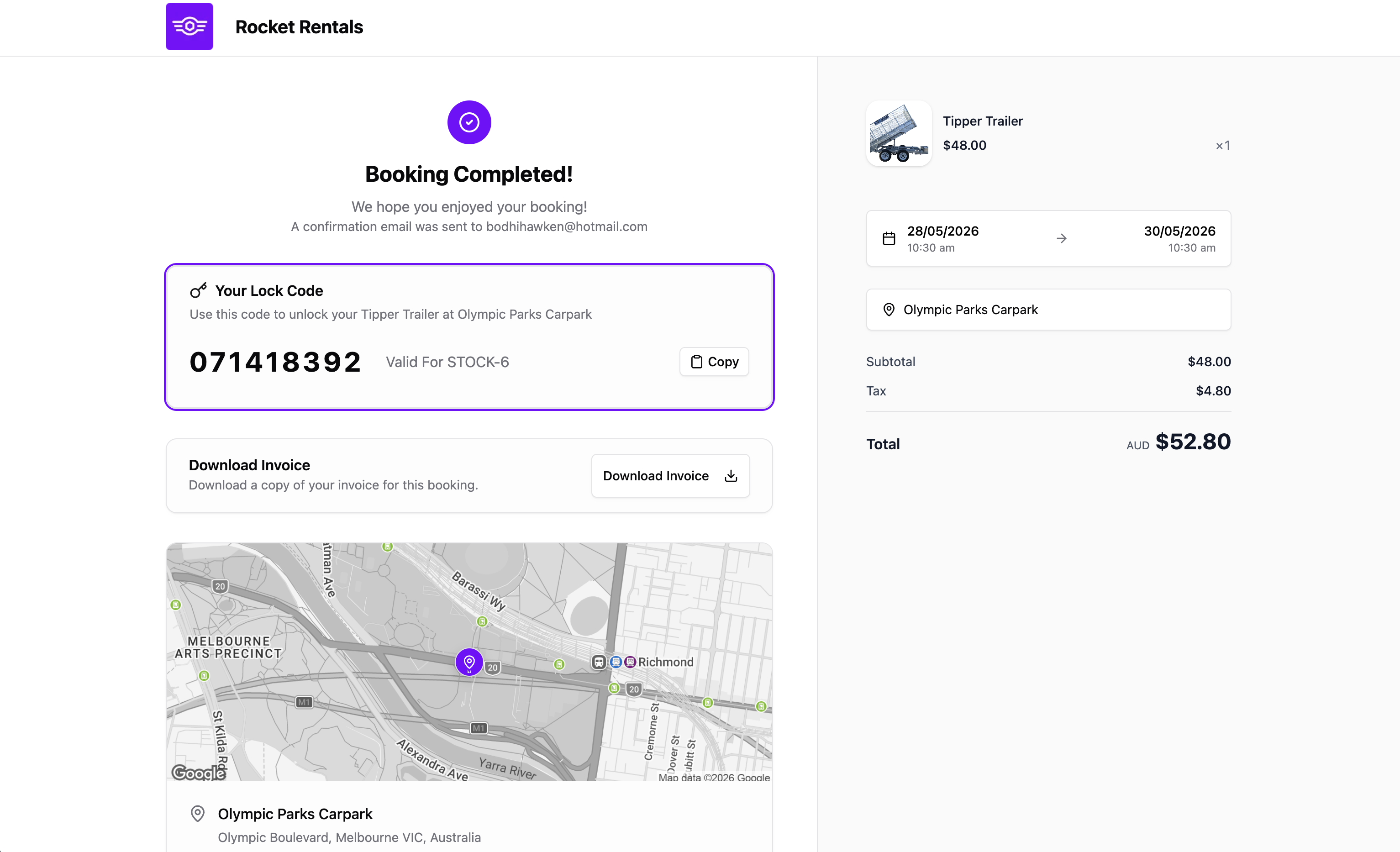 Lockii customer booking completion page with lock code and pickup location
