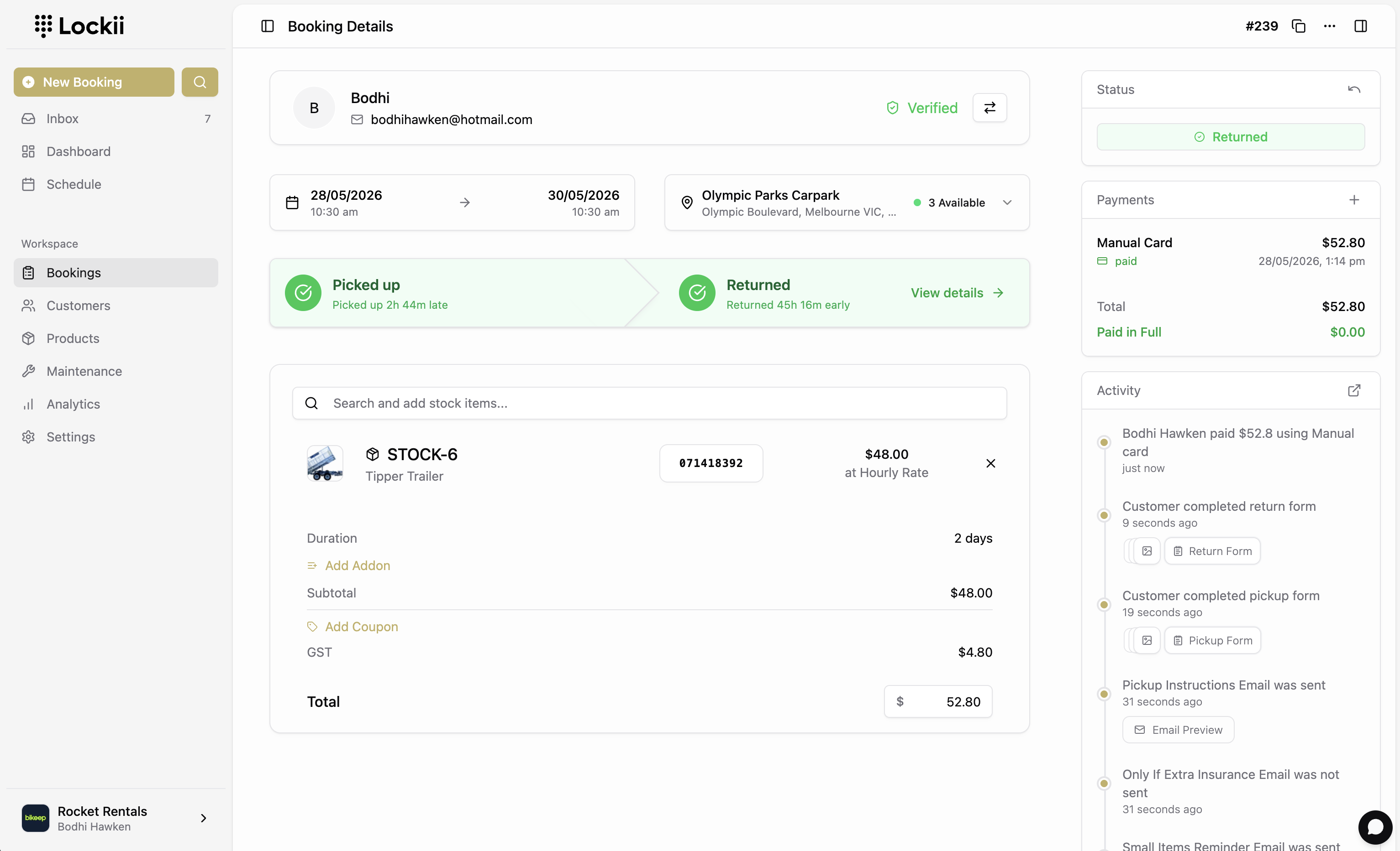 Lockii booking details dashboard showing returned booking status, payments, and activity