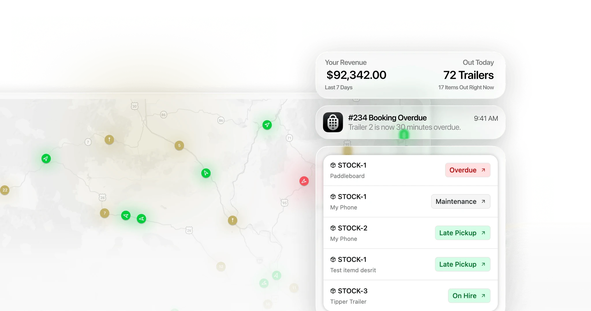 Lockii location dashboard showing active rentals, overdue bookings, and revenue