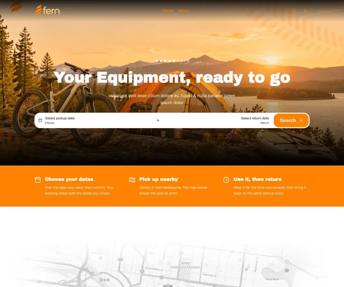 Secondary branding page, with outdoor gear and a date search