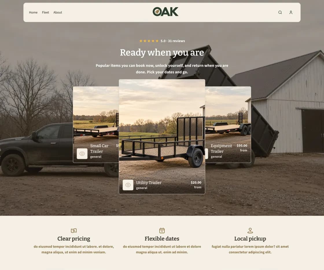 Landing page, with trailers ready to book on the hero