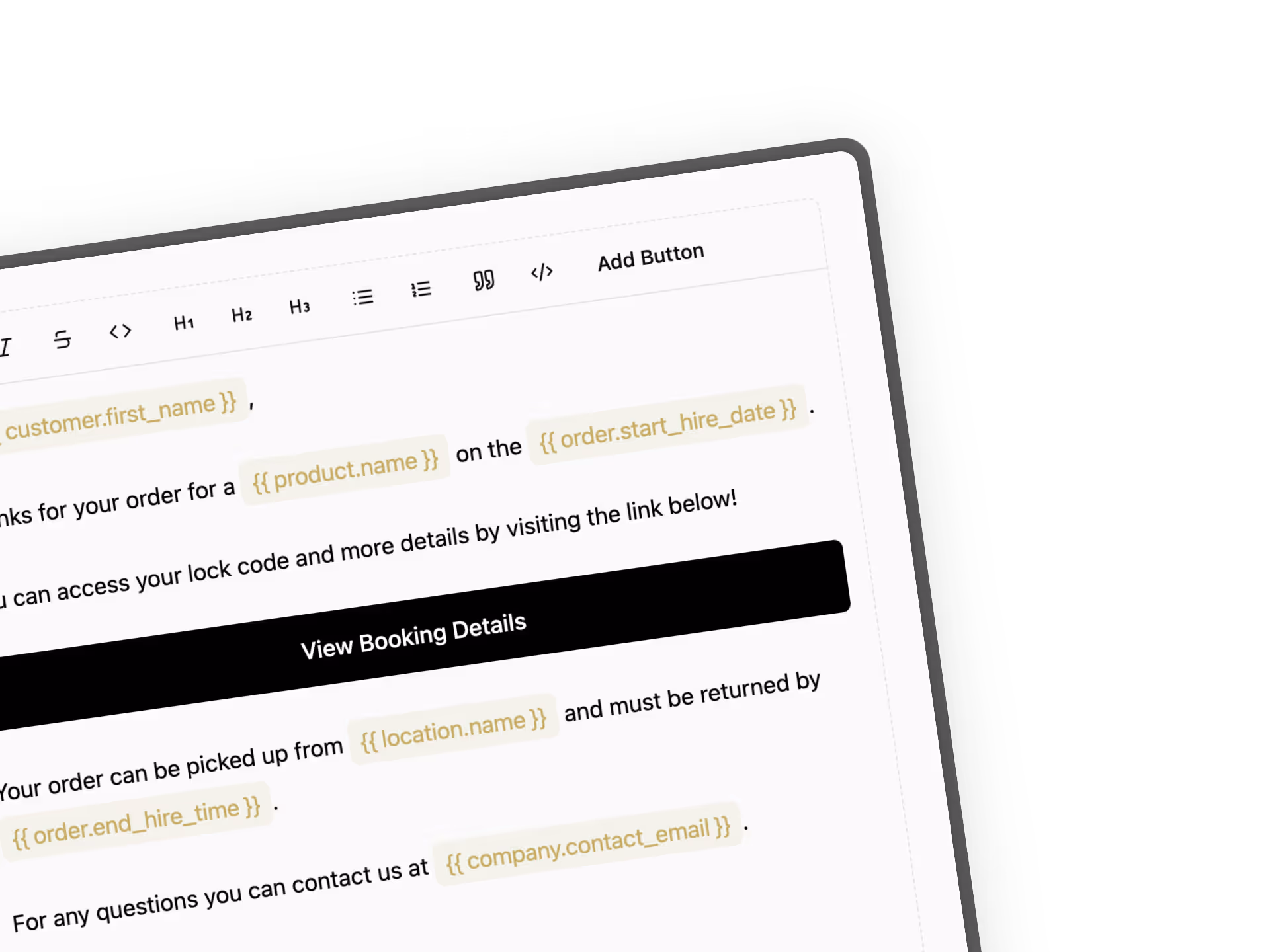 A Email & SMS text editor with inline variable editing for a self service hire platform