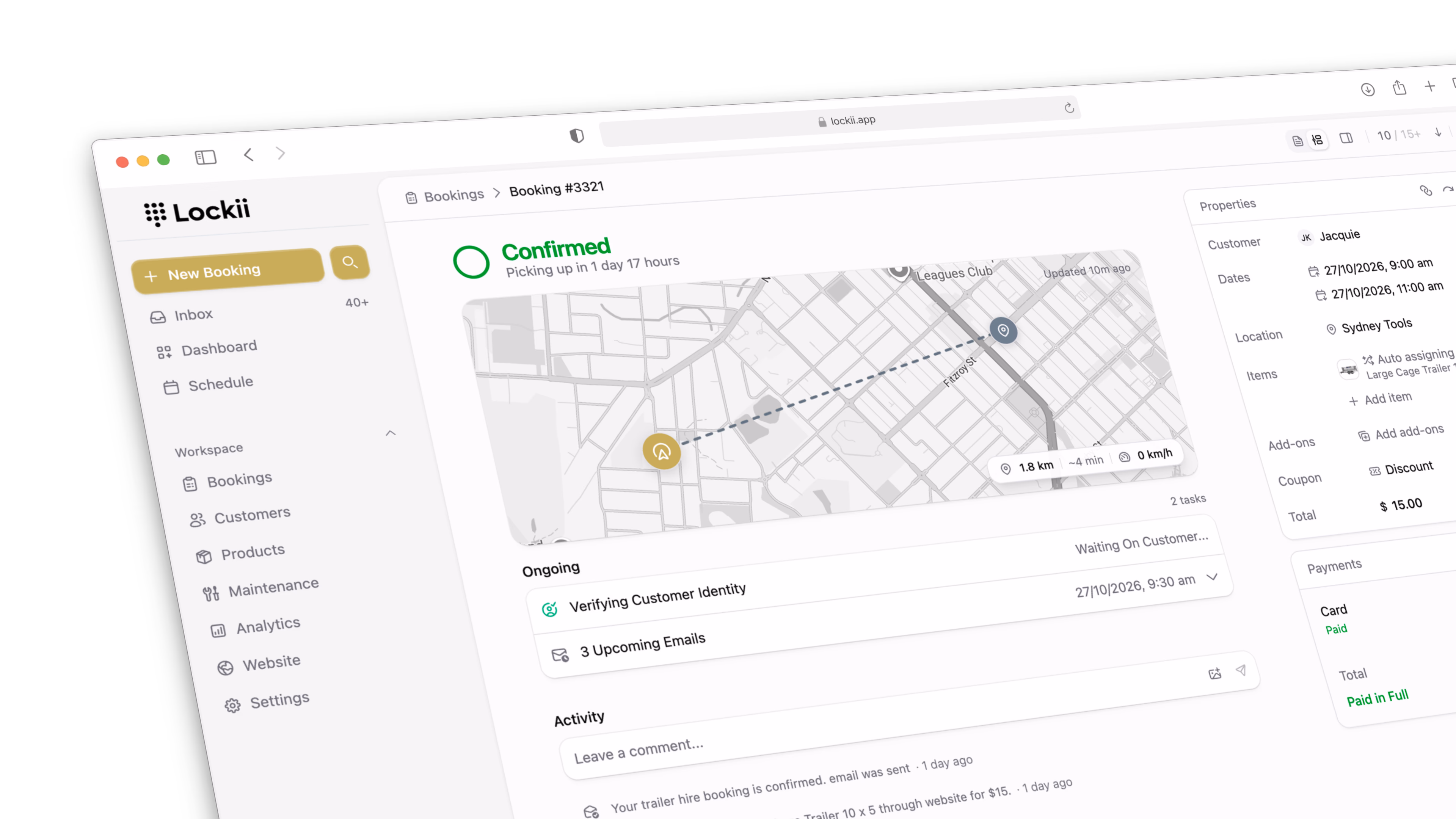 Lockii booking page for a confirmed rental, with the pickup map, identity check, and payment status