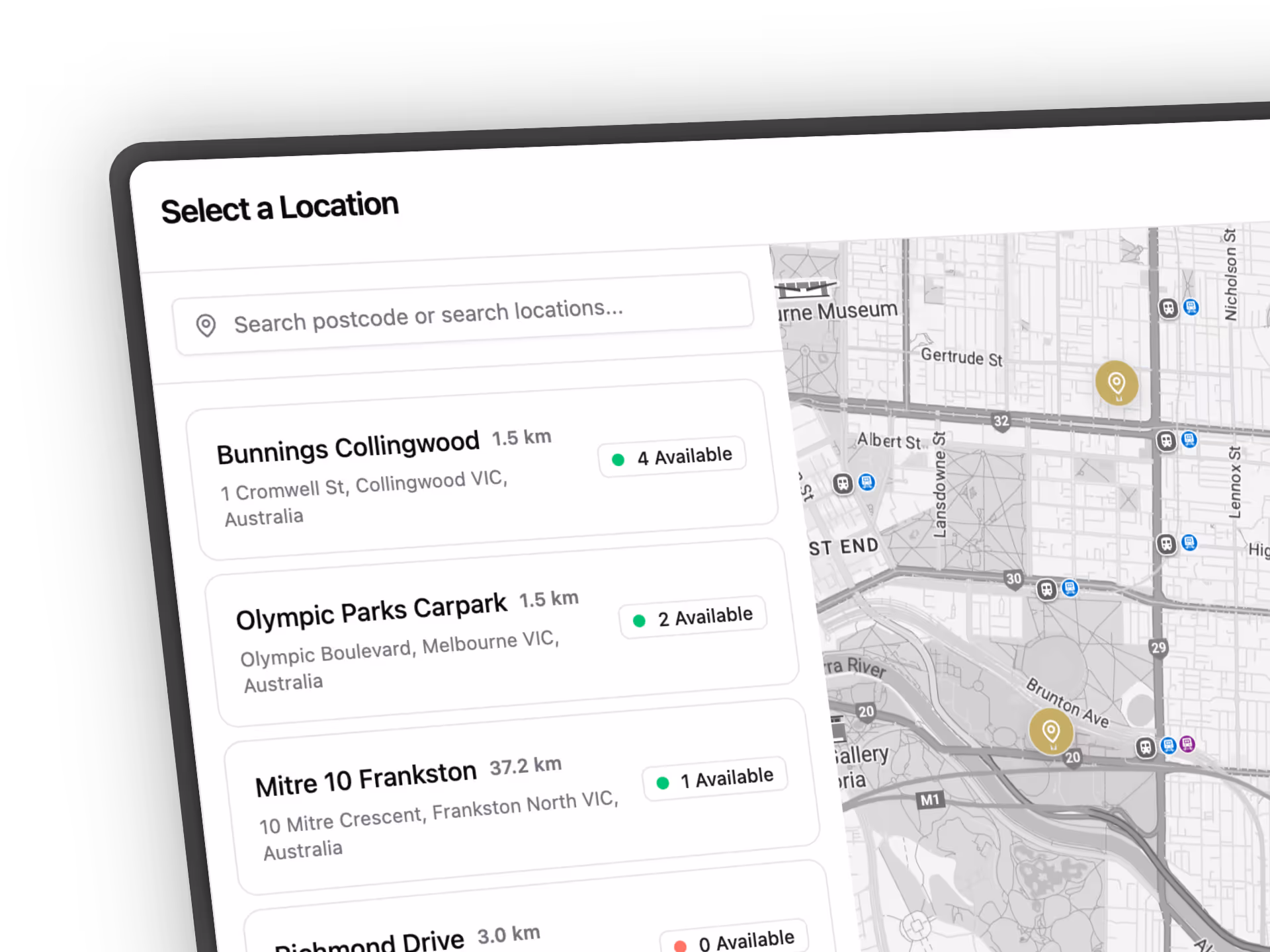 a list of self service and contactless hire locations
