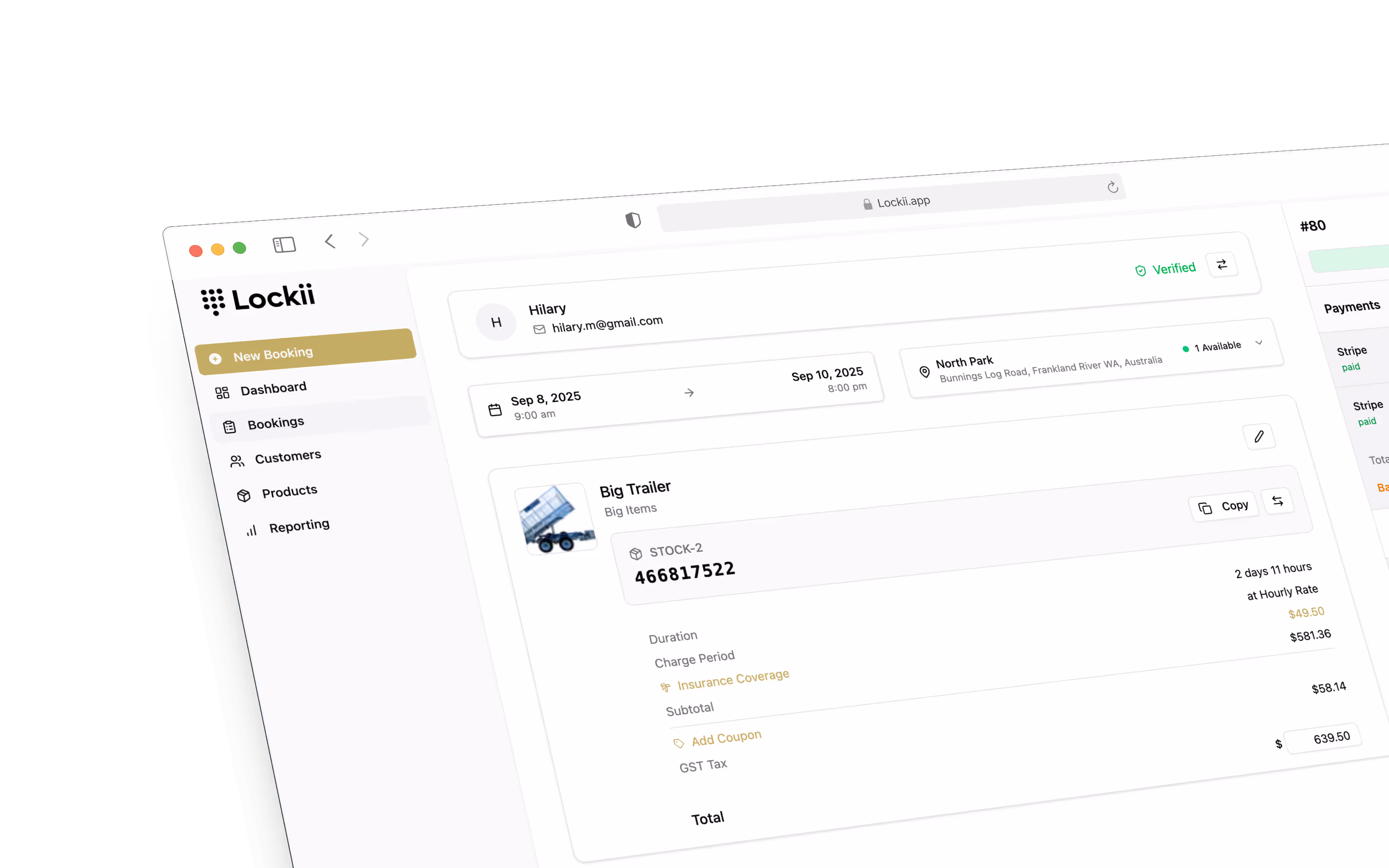 Self service trailer rental booking interface with lock code