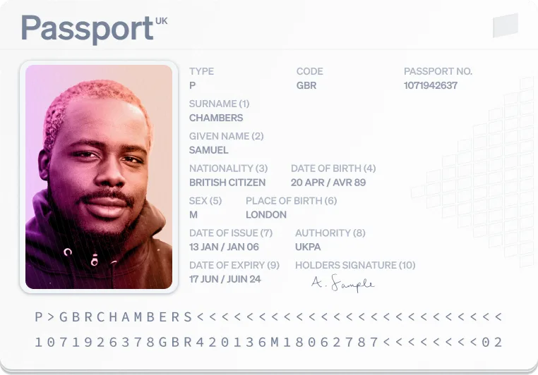 Sample passport used for customer identity verification