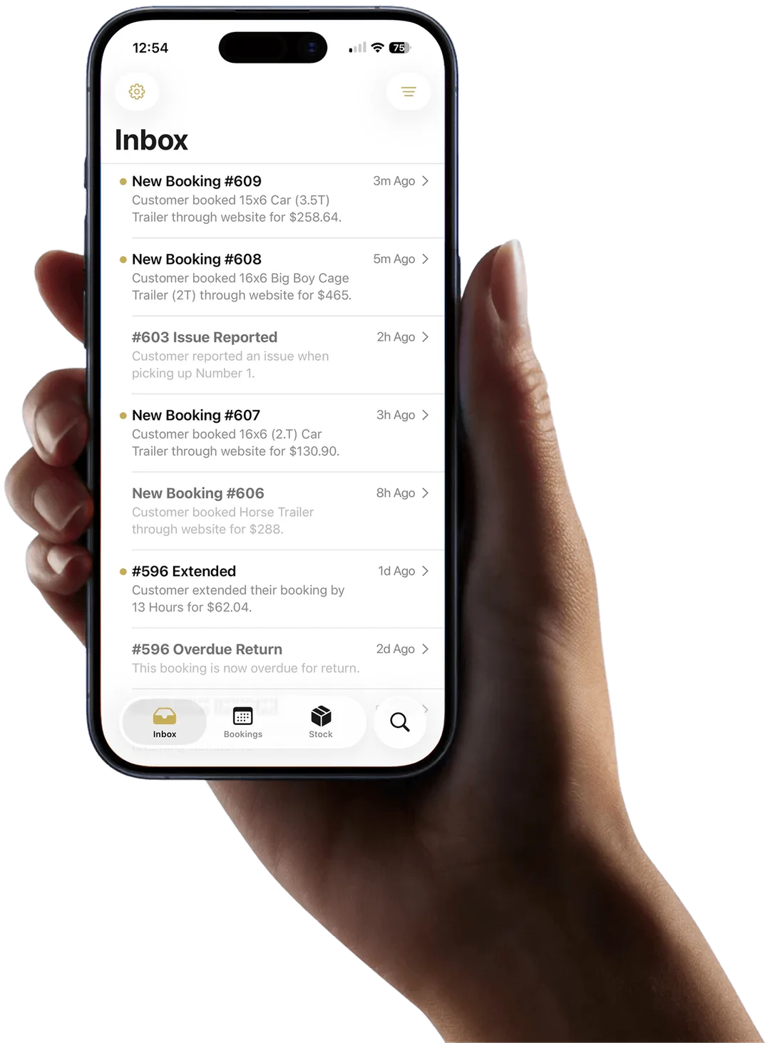 Hand holding iPhone showing Lockii rental management inbox