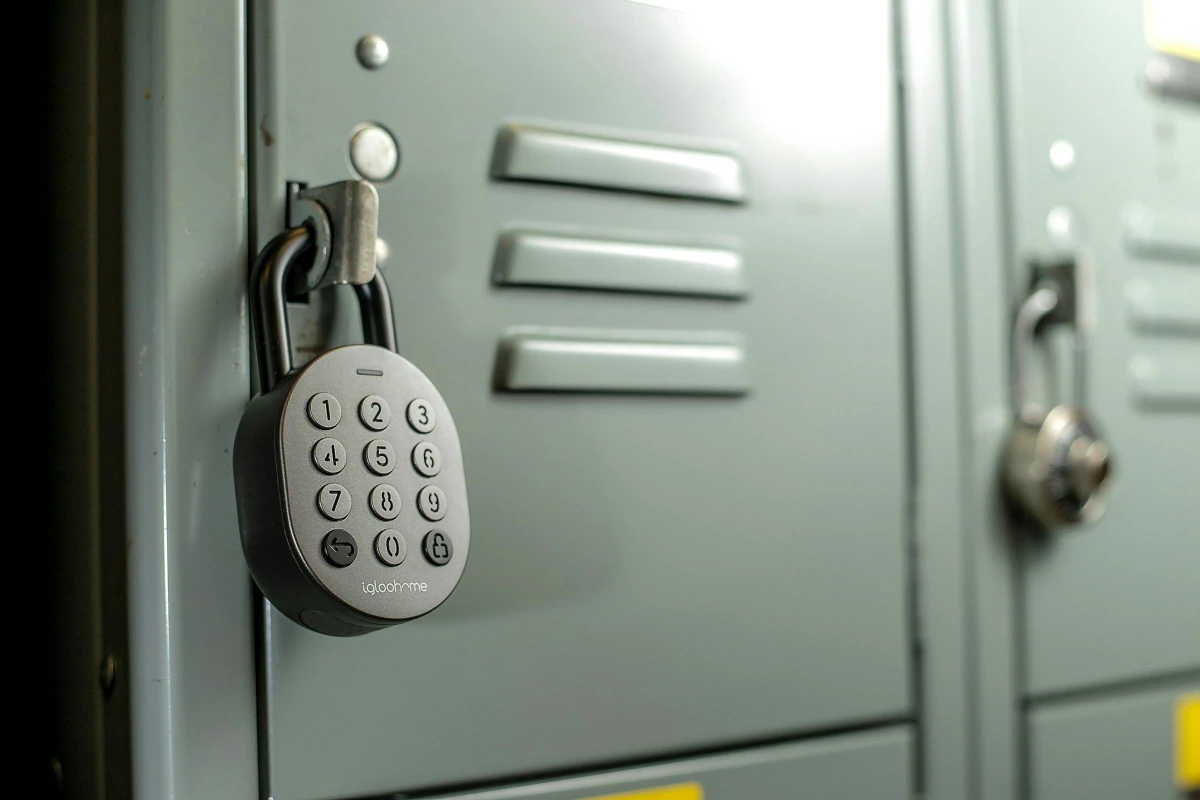igloohome smart padlock on a metal locker